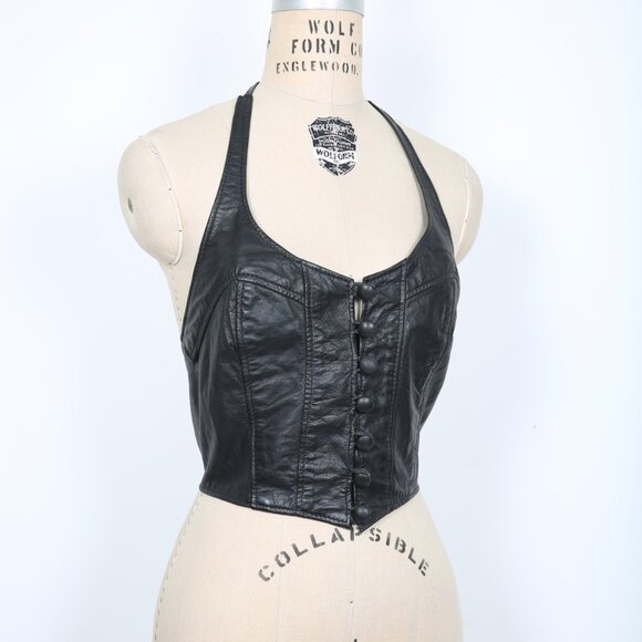 Vintage Black Leather Halter Top Stagecoach Biker Motorcycle Festival Concert - Picture 4 of 6